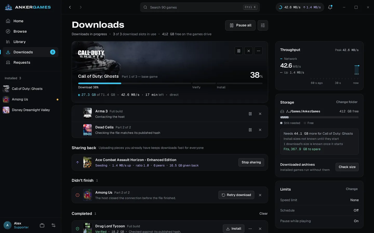 Downloads: progress with the verify and install steps, throughput, storage and limits