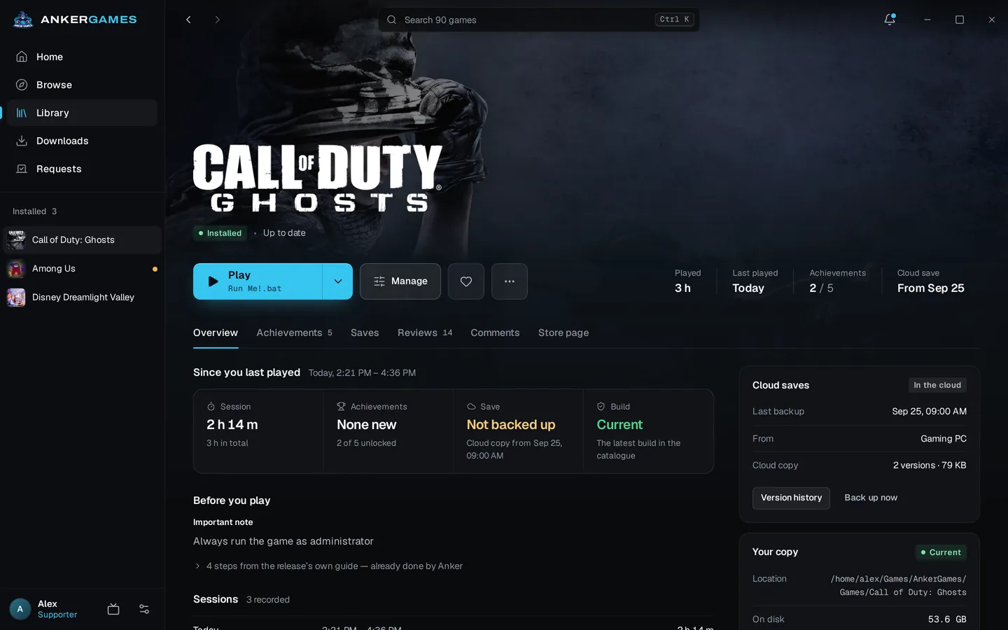Game page: Play, the last session, cloud saves and the installed copy